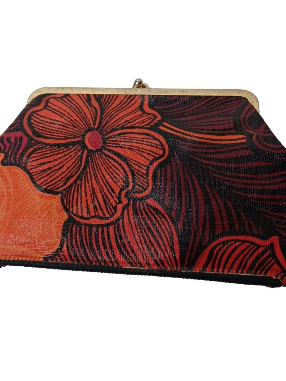 Vintage 1970s Change Purse Kiss Lock Zip Up Flower Power Orange Red Vinyl